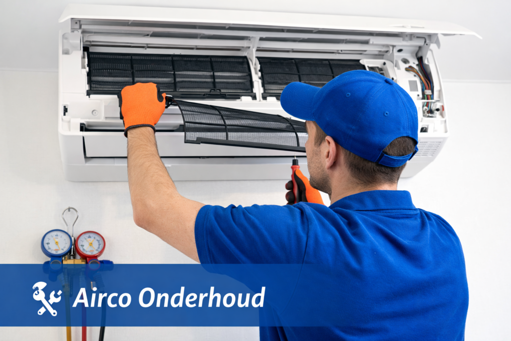 Monteur voert onderhoud uit aan een airconditioning en reinigt het aircofilter.