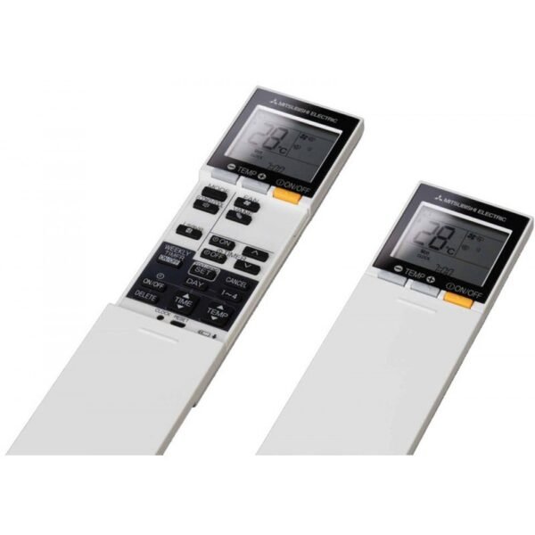 De binnenunit van de Mitsubishi Electric AY-serie airco heeft een strak en modern design en levert stille, efficiënte prestaties met A+++ energieklasse en geavanceerde luchtverdeling. Mitsubishi Electric airco afstandsbediening bediening AY-serie