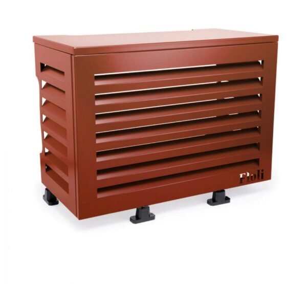 Floli airco omkasting van steenrood aluminium over een buitenunit, onderhoudsvrije roestbestendige cover met Louvre-afwerking