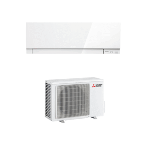 Mitsubishi Electric split airco met binnenunit, buitenunit en afstandsbediening in wit op witte achtergrond
