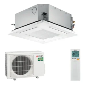 Mitsubishi plafond cassette airco warmtepomp vooraanzicht, energiezuinig en stil
