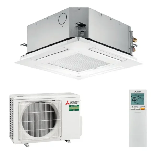 Mitsubishi plafond cassette airco – vooraanzicht Mitsubishi plafond cassette airco warmtepomp vooraanzicht, energiezuinig en stil